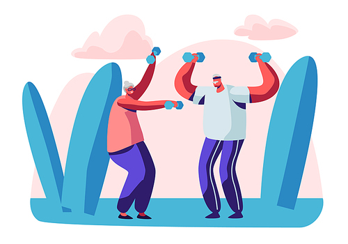 Elderly People Open Air Workout with Dumbbells. Aged Couple Engage Sport Outdoors. Happy Senior Man and Woman Training Together Open Air, Pensioners Healthy Lifestyle. Cartoon Flat Vector Illustration