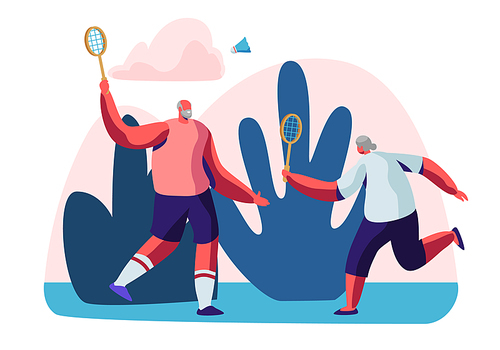 Couple of Cheerful Male Pensioners in Sports Wear Playing Badminton Outdoors. Senior People Healthy Lifestyle and Sport Life. Elderly Men Spend Time Together in Park. Cartoon Flat Vector Illustration