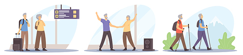 Set Active Seniors Travel, Dancing and Walking with Scandinavian Sticks. Aged Couple Voyage, Pensioner Outdoor Activity, Journey, Dancing Fun. Old People Healthy Lifestyle. Cartoon Vector Illustration