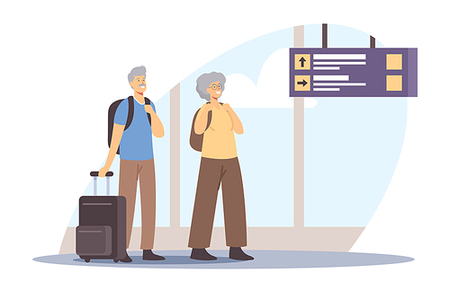 Senior Tourist Characters in Trip, Elderly Traveling People with Luggage Waiting Departure in Airport. Aged Couple Voyage, Pensioner Outdoor Activity, Journey Abroad. Cartoon Vector Illustration