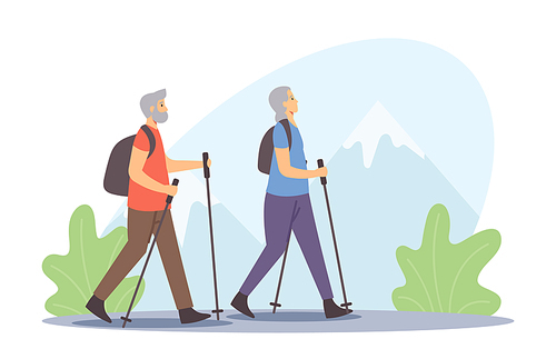 Active Seniors Healthy Lifestyle. Elderly People Nordic Walking, Open Air Workout with Sticks. Aged Couple Outdoor Sport. Happy Man and Woman Pensioners Hiking Training. Cartoon Vector Illustration