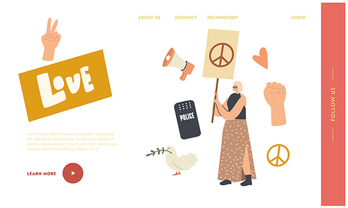 Woman with Placard Protesting on Strike Landing Page Template. Female Activist Character with Peace Sign Banner Protest for Love against War. or Demonstration, Riot, Picket. Linear Vector Illustration