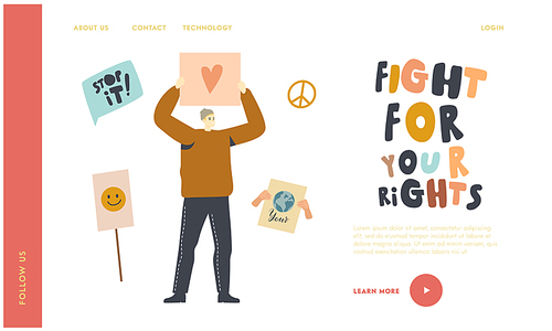 Man Protest with Banner Landing Page Template. Character Fighting for Rights, Protesting for Love Against War or Election Holding Placard with Heart Symbol on Demonstration. Linear Vector Illustration