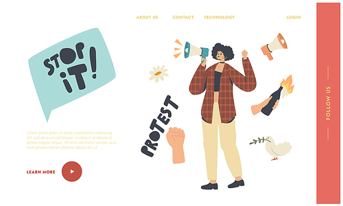 Strike or Demonstration Landing Page Template. Female Character Protesting with Loudspeaker on Rally Against Election, War or Candidate Voting for Human Rights and Peace. Linear Vector Illustration