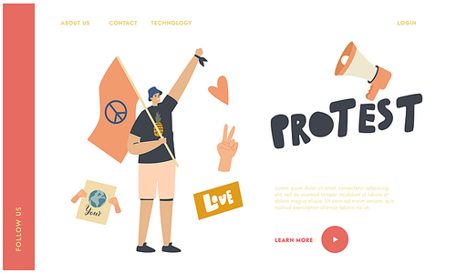 Pacifist Fighting for Human Rights on Riot or Picket Landing Page Template. Character with Flag and Peace Symbol Protesting on Demonstration for Love in World Against War. Linear Vector Illustration