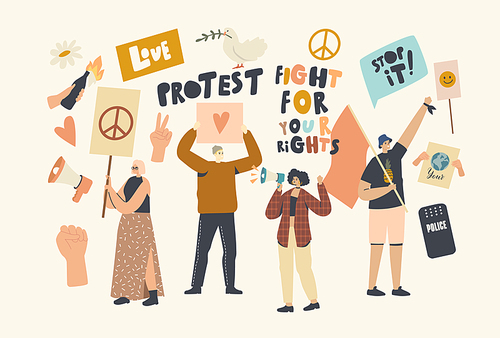 Protesting People with Placards and Signboard on Strike or Demonstration, Male, Female Activist Characters with Banners Protest for Love and Peace on Riot, Picket. Linear People Vector Illustration