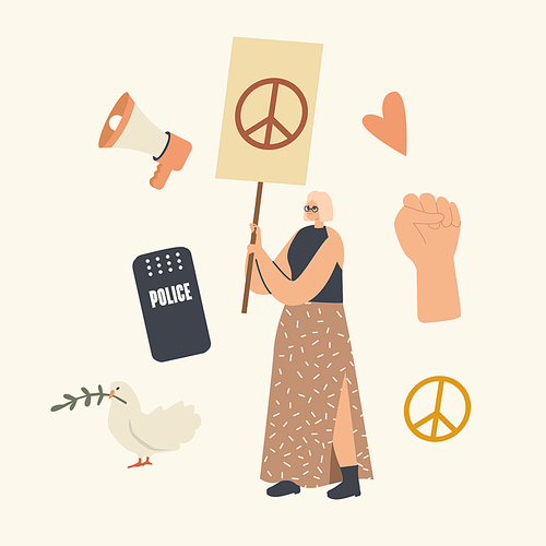 Hippie Female Activist Character with Peace Sign Banner Protest for Love against War. Protesting Woman with Placard and Signboard on Strike or Demonstration, Riot, Picket. Linear Vector Illustration