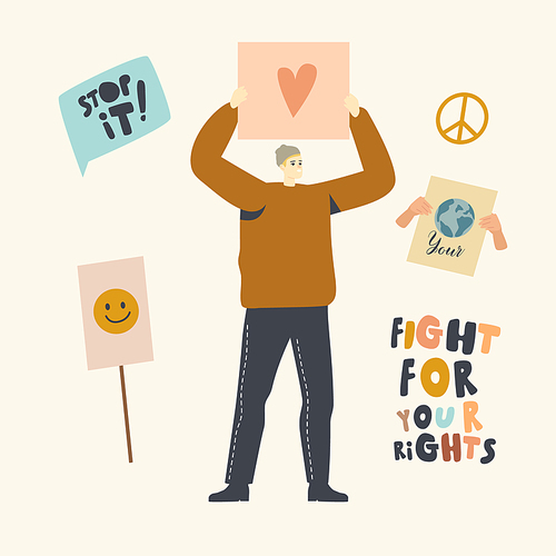 Character Fighting for Rights, Protesting for Love Against War or Election Holding Placard with Heart Symbol on Strike or Demonstration, Man Protest with Banners Sign. Linear Vector Illustration