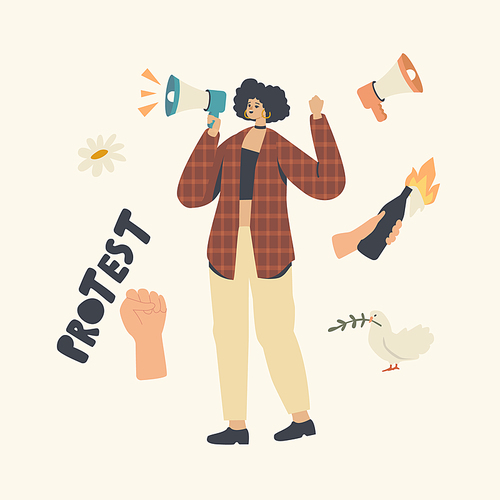 Female Character Protesting with Loudspeaker on Rally, Strike or Demonstration. Woman Protest Against Presidential Election, War or Candidate Voting, Human Rights and Peace. Linear Vector Illustration