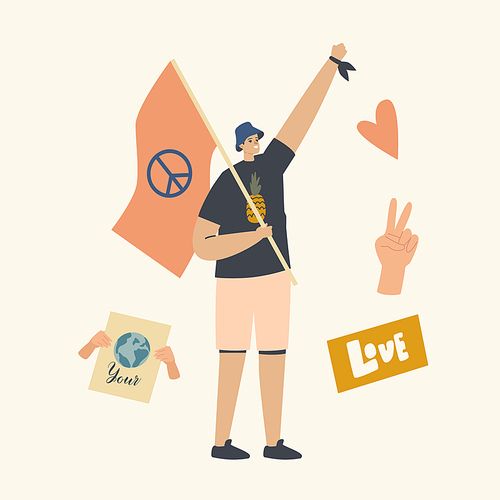 Pacifist Male Character with Flag and Peace Symbol Protesting on Demonstration, Man Protest for Love in World, Against War Fighting for Human Rights on Riot or Picket. Linear Vector Illustration