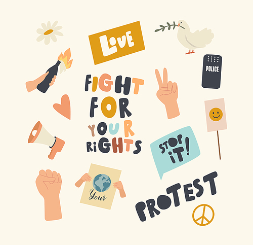 Set of Icons Protest Demonstration Theme. Human Hand Gesturing Victory Symbol and Fist, Loudspeaker and Protesting Banners and Placards, Burning Bottle and Police Shield. Linear Vector Illustration