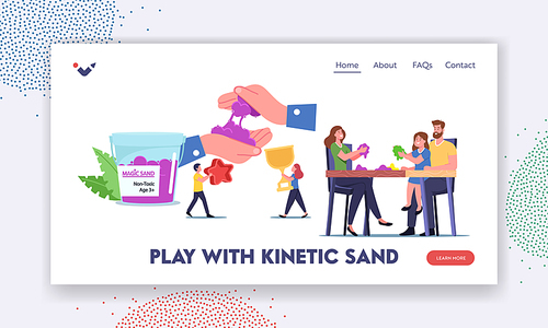 Amusement Recreation Spare Time Landing Page Template. Family Characters Parents and Kids Playing with Kinetic Magic Sand for Fun and Motor Skills Development. Cartoon People Vector Illustration