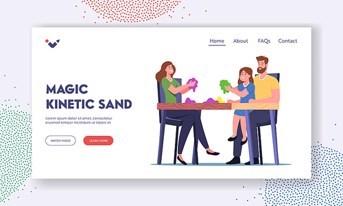 Characters Playing with Kinetic Magic Sand Landing Page Template. Mother, Father and Little Daughter Sitting at Desk Having Fun, Motor Skills Development, Amusement. Cartoon People Vector Illustration