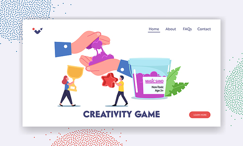 Cretivity Game Landing Page Template. Tiny Children Characters with Forms for Playing with Kinetic Magic Sand Having Fun, Fine Motor Skills Development, Amusement. Cartoon People Vector Illustration