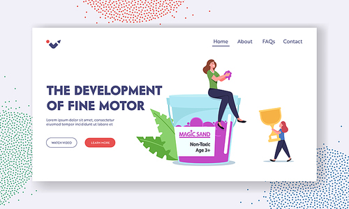 Fine Motor Skills Development Landing Page Template. Family Character Mother and Daughter Playing with Kinetic Sand, Amusement Recreation, Girl with Gold Winner Cup. Cartoon People Vector Illustration