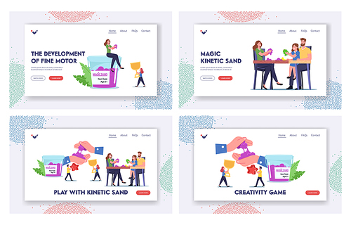 Amusement Recreation Spare Time Landing Page Template Set. Family Characters Parents and Kids Playing with Kinetic Magic Sand for Fun and Motor Skills Development. Cartoon People Vector Illustration