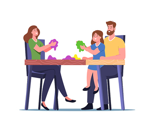 Family Recreation, Mother, Father and Little Daughter Characters Playing with Kinetic Magic Sand Sitting at Desk, Having Fun and Motor Skills Development, Amusement. Cartoon People Vector Illustration