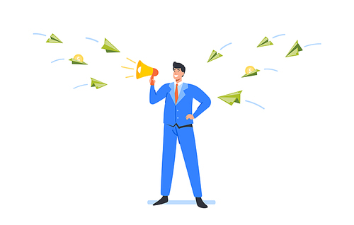 Businessman Male Character Yell to Loudspeaker Attract Paper Airplanes with Gold Coins. Investor Entrepreneur Gain Fund, Financial Economy Business Concept. Cartoon People Vector Illustration