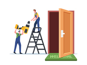 Carpenters, Repairmen Stand on Ladder with Drill Tool Repairing Doors. Master Male Characters Repair or Set Up New Doorway in Apartment, Construction Work Service. Cartoon People Vector Illustration
