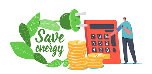 Tiny Male Character Counting Money Benefit on Huge Calculator near Pile of Gold Coins and Plug with Green Leaves. Ecology, Innovation for Electricity Power Saving Economy. Cartoon Vector Illustration