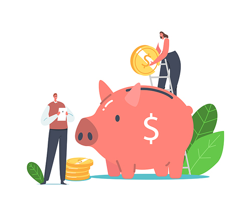 Sustainable Power Concept. Tiny Male and Female Characters Put Golden Coin into Huge Piggy Bank Saving Money for Using Green Energy. Man with Laptop Use Electricity. Cartoon People Vector Illustration