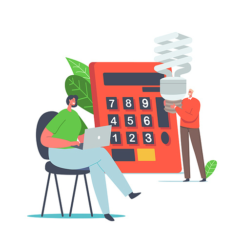 Save Energy Environmental Concept. Tiny Male and Female Characters Counting Benefit at Huge Calculator, People Use Energy Saving Eco Lamps, Woman Working on Laptop. Cartoon Vector Illustration