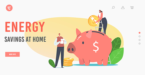 Energy Savings at Home Landing Page Template. Tiny Character Put Gold Coin into Huge Piggy Bank Saving Money for Using Green Energy. Man with Laptop Use Electricity. Cartoon People Vector Illustration
