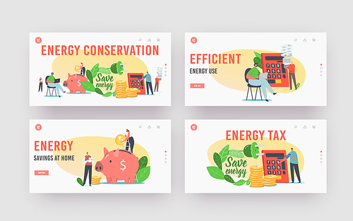 Energy Conservation Landing Page Template Set. Tiny Male Female Characters Put Coins to Huge Piggy Bank, Use Energy Saving Eco Lamps, Counting Benefit on Calculator. Cartoon People Vector Illustration
