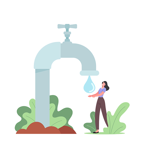 Tiny Female Character Catch Water Drop from Huge Tap. Woman Buying Clean Drinking Water, Customer Purchasing Fresh Aqua for Good Health, Well Being and Freshness. Cartoon People Vector Illustration