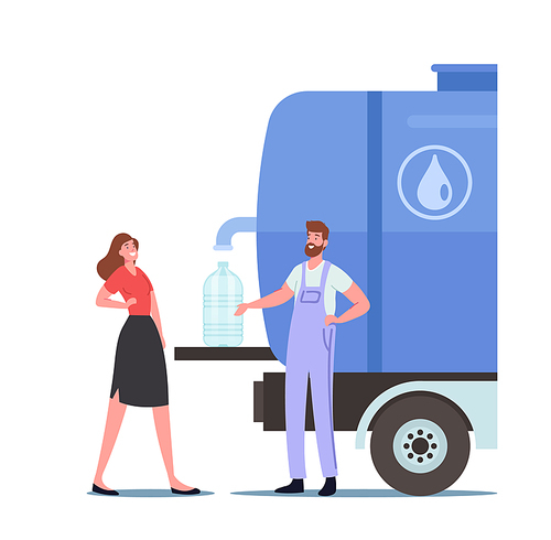 Female Character Buying Clean Drinking Water in Outdoor Tank with Tap. Worker Pour Water in Plastic Bottle to Customer. People Purchasing Fresh Aqua on Street. Cartoon Vector Illustration