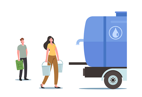 Characters Buying Clean Drinking Water in Outdoor Tank with Tap. Man and Woman with Buckets in Hands Stand in Line for Purchasing Fresh Aqua on Street. Cartoon People Vector Illustration