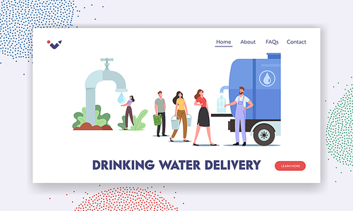 Drinking Water Delivery Landing Page Template. Characters with Buckets Stand in Line for Purchasing Fresh Aqua. People Buying Clean Drinking Water in Outdoor Tank with Tap. Cartoon Vector Illustration