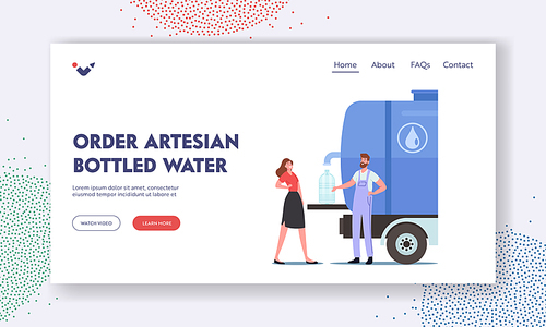 Ordered Artesian Bottled Water Landing Page Template. Female Character Buy Clean Drinking Water in Outdoor Tank with Tap. Worker Pour Water in Plastic Bottle to Customer. Cartoon Vector Illustration