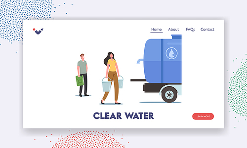 Characters Buying Clean Drinking Water Outdoor Landing Page Template. Man and Woman with Buckets in Hands Stand in Line for Purchasing Fresh Clear Aqua on Street. Cartoon People Vector Illustration