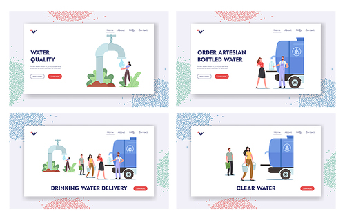 Drinking Water Landing Page Template Set. Characters with Buckets Stand in Line for Purchasing Fresh Aqua. People Buying Clean Drinking Water in Outdoor Tank with Tap. Cartoon Vector Illustration