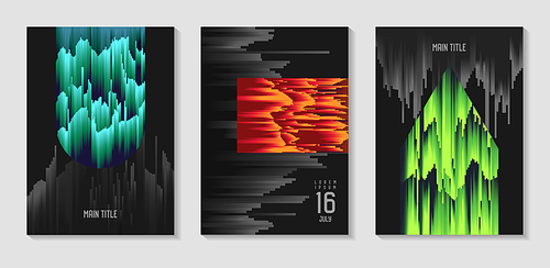 Abstract Design Set in Glitch Style. Trendy Background Templates with Geometric Shapes for Posters, Covers, Banners, Flyers, Placards. Vector illustration