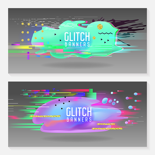 Abstract Designs in Glitch Style. Trendy Background Templates with Fluid Shapes for Posters, Covers, Banners, Flyers, Placards. Vector illustration