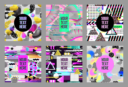 Glitch Futuristic Posters, Covers Set. Hipster Design Compositions for Brochures, Flyers, Placards, Banners. Trendy Templates. Vector illustration