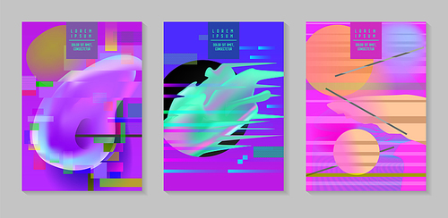 Posters, Covers with Glitch Effect and Bauhaus Fluid Shapes. Abstract Futuristic Hipster Design Set for Placard, Banner, Flyers. Vector illustration