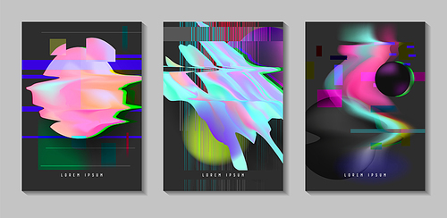 Posters, Covers with Glitch Effect and Bauhaus Fluid Shapes. Abstract Futuristic Hipster Design Set for Placard, Banner, Flyers. Vector illustration