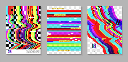 Glitch Futuristic Posters, Covers Set. Hipster Design Compositions for Brochures, Flyers, Placards. Trendy Template. Vector illustration