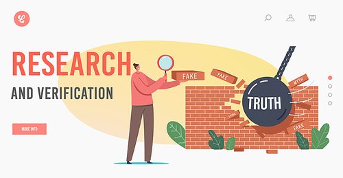 Research and Verification Landing Page Template. Myths and Facts Information. Female Character with Magnifying Glass Looking on Broken Wall Made of Fake News Bricks. Cartoon Vector Illustration
