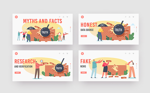 myths and facts information landing page template set. characters under umbrella, ball demolishing fake news wall. trust and honest vs, fiction authenticity. cartoon people vector illustration