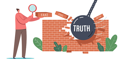 Myths and Facts Social Media Forgery Information Concept. Woman with Magnifying Glass Looking on Broken Wall Made of Fake News Bricks. Character Read False Media Info. Cartoon Vector Illustration