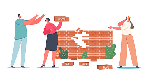 characters at broken myths and facts wall, information accuracy concept. fake news vs trust and honest data source. fiction authenticity, verify rumors scene. cartoon people vector illustration