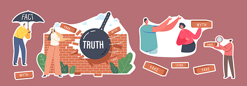 set of stickers myths and facts, information accuracy. character under umbrella, ball demolishing fake news wall. trust and honest data source vs, fiction. cartoon people vector illustration
