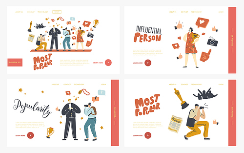 Super Star Popularity Landing Page Template Set. Male Character Vip Person Posing to Paparazzi Attack. Famous Actor or Celebrity Attract Attention of Photographers. Linear People Vector Illustration