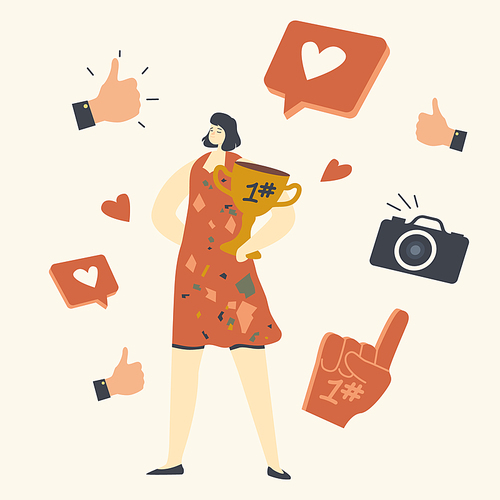 Female Vip Person Character with Golden Goblet in Hands Posing to Paparazzi. Famous Actress or Fashion Model Attract Attention of Photographers, Celebrity Star Lifestyle. Linear Vector Illustration