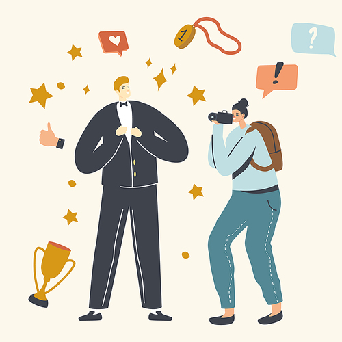 Popularity, Super Star Luxury Lifestyle. Male Character Vip Person Posing to Paparazzi Attacking him. Famous Actor or Celebrity Attract Attention of Photographer. Linear People Vector Illustration