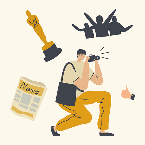 Popularity, Fame and Scandal Concept. Photographer Shooting on Cinema Award Ceremony or Festival. Paparazzi Character Waiting Celebrity or Show Business Stars Appearance. Linear Vector Illustration